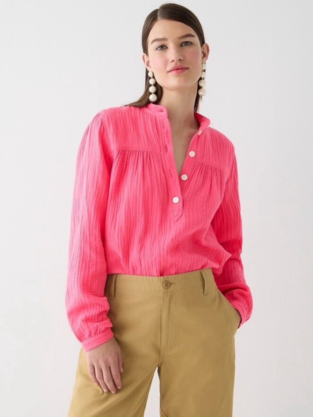 J. Crew 100% Cotton Gauze Bright Pink Popover Top